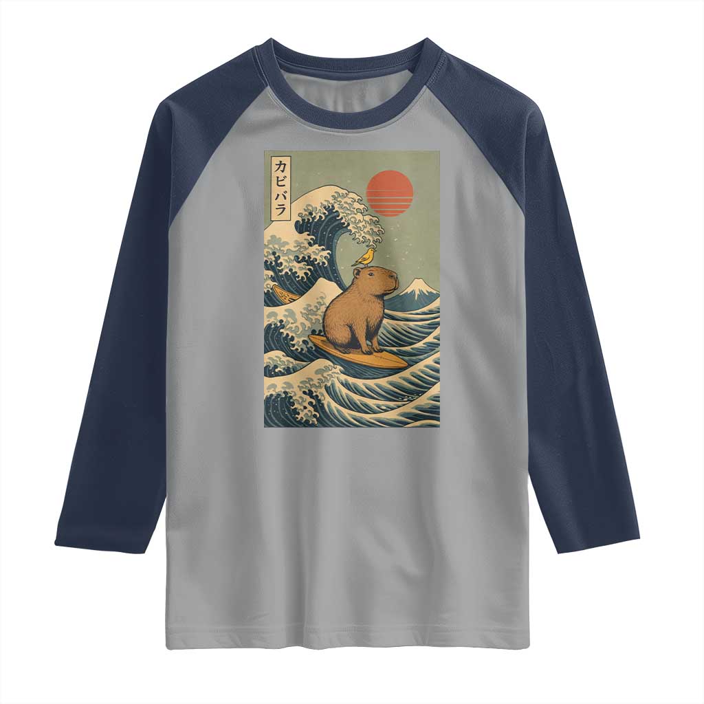Capybara Surfing Japanese Raglan Shirt Vintage Great Wave Off Kanagawa Anime Kawaii - Wonder Print Shop