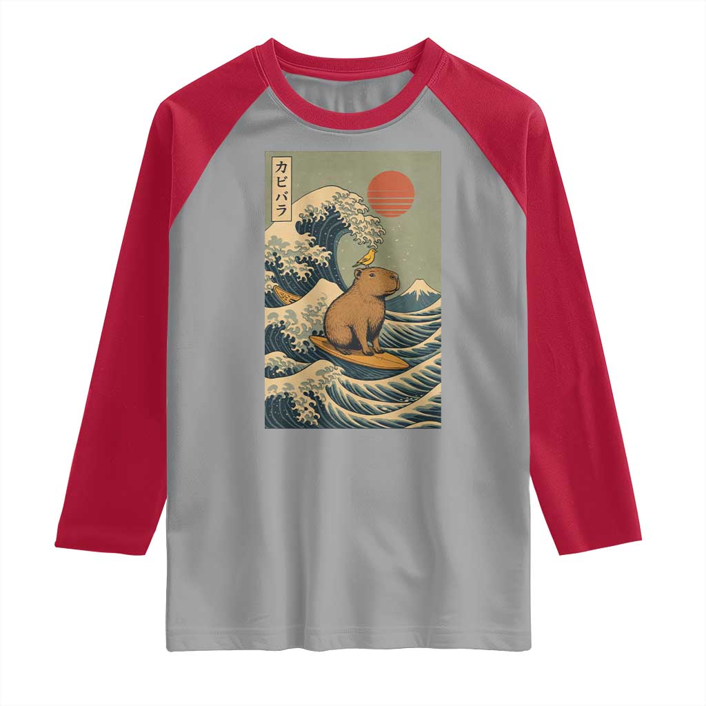 Capybara Surfing Japanese Raglan Shirt Vintage Great Wave Off Kanagawa Anime Kawaii - Wonder Print Shop