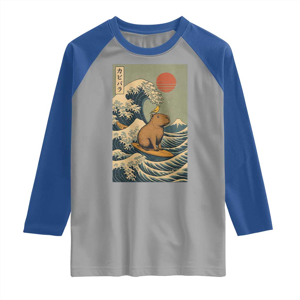Capybara Surfing Japanese Raglan Shirt Vintage Great Wave Off Kanagawa Anime Kawaii - Wonder Print Shop