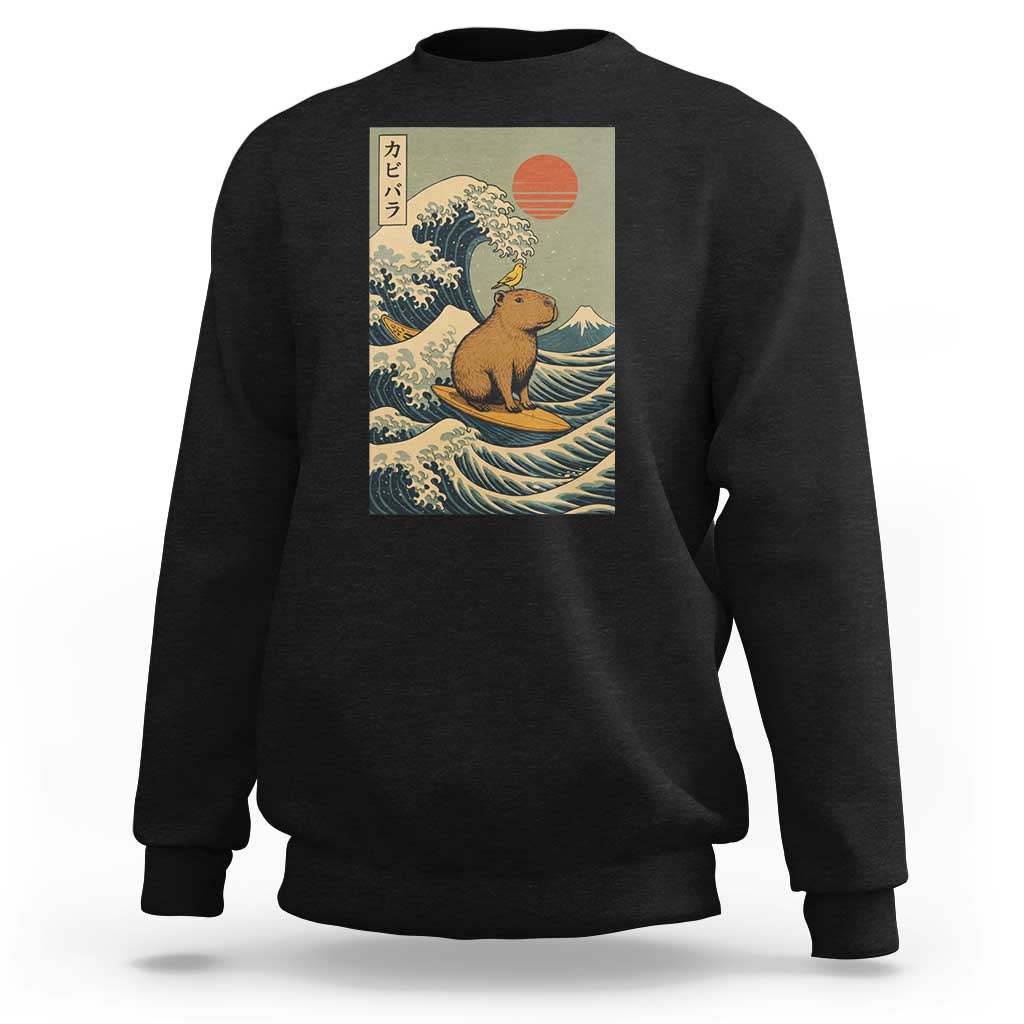 Capybara Surfing Japanese Sweatshirt Vintage Great Wave Off Kanagawa Anime Kawaii - Wonder Print Shop
