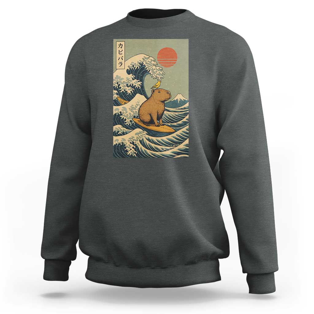 Capybara Surfing Japanese Sweatshirt Vintage Great Wave Off Kanagawa Anime Kawaii - Wonder Print Shop