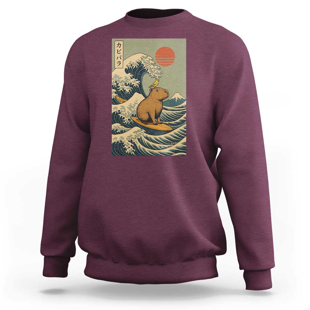 Capybara Surfing Japanese Sweatshirt Vintage Great Wave Off Kanagawa Anime Kawaii - Wonder Print Shop