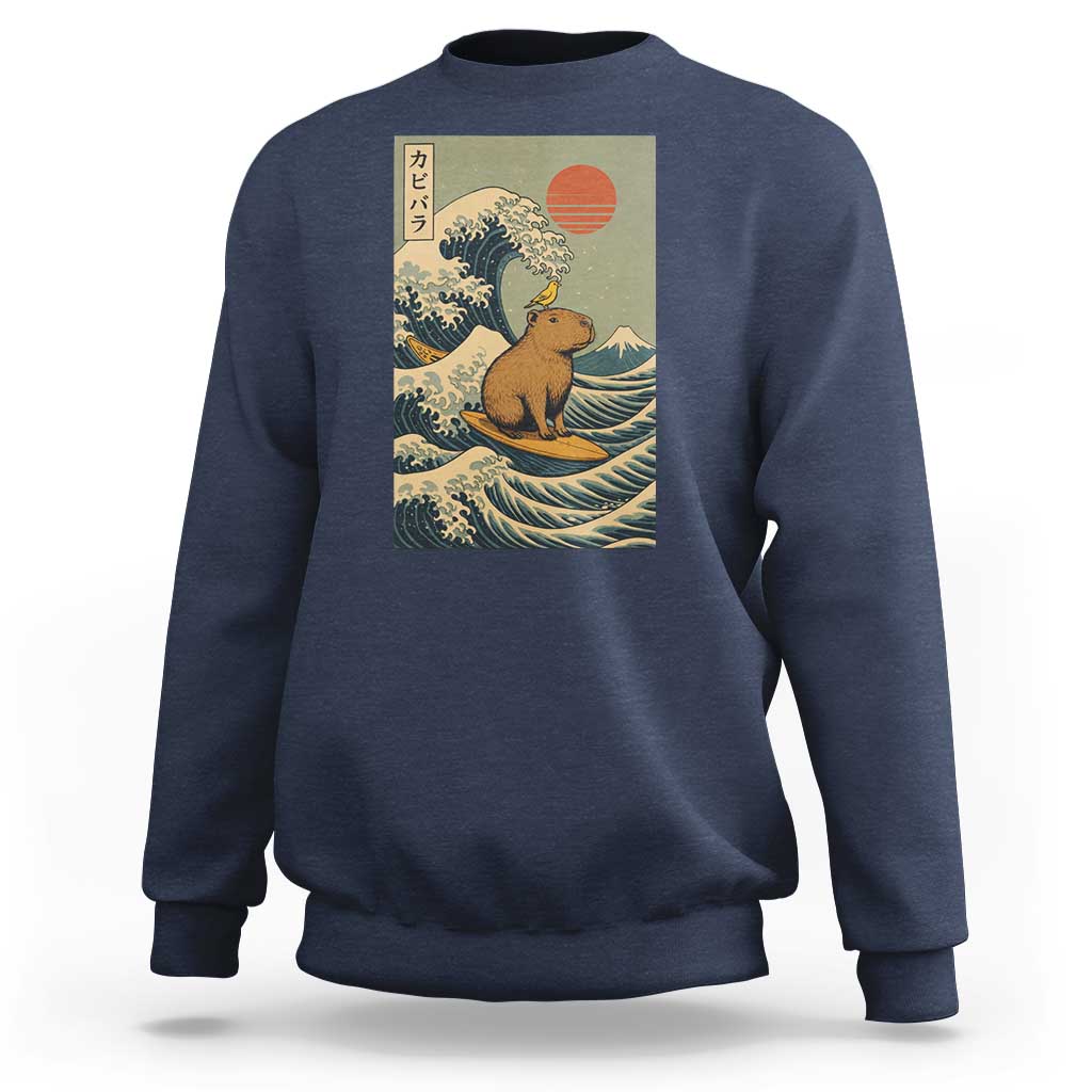 Capybara Surfing Japanese Sweatshirt Vintage Great Wave Off Kanagawa Anime Kawaii - Wonder Print Shop