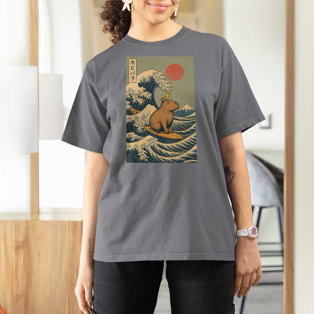Capybara Surfing Japanese T Shirt For Women Vintage Great Wave Off Kanagawa Anime Kawaii - Wonder Print Shop