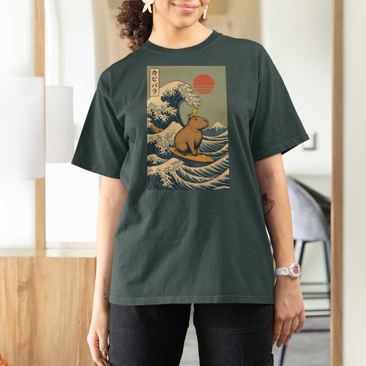 Capybara Surfing Japanese T Shirt For Women Vintage Great Wave Off Kanagawa Anime Kawaii - Wonder Print Shop