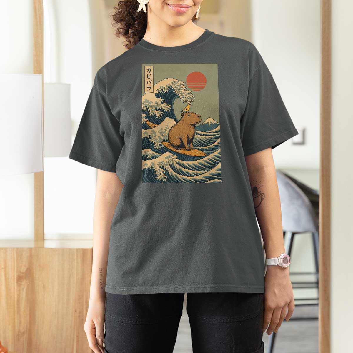 Capybara Surfing Japanese T Shirt For Women Vintage Great Wave Off Kanagawa Anime Kawaii - Wonder Print Shop