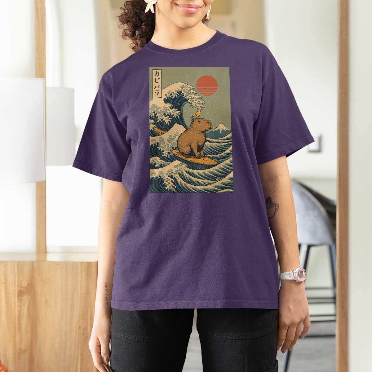 Capybara Surfing Japanese T Shirt For Women Vintage Great Wave Off Kanagawa Anime Kawaii - Wonder Print Shop