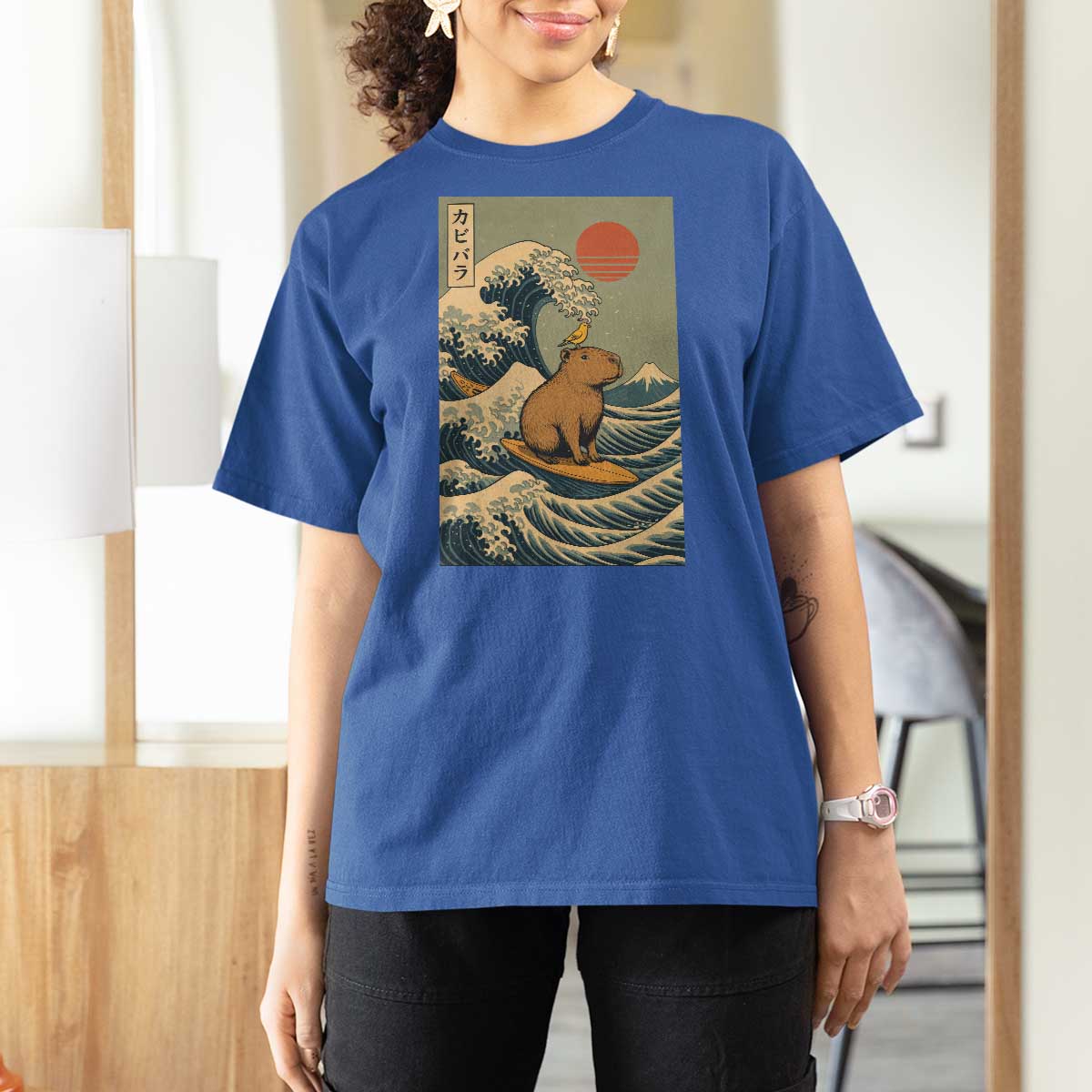 Capybara Surfing Japanese T Shirt For Women Vintage Great Wave Off Kanagawa Anime Kawaii - Wonder Print Shop