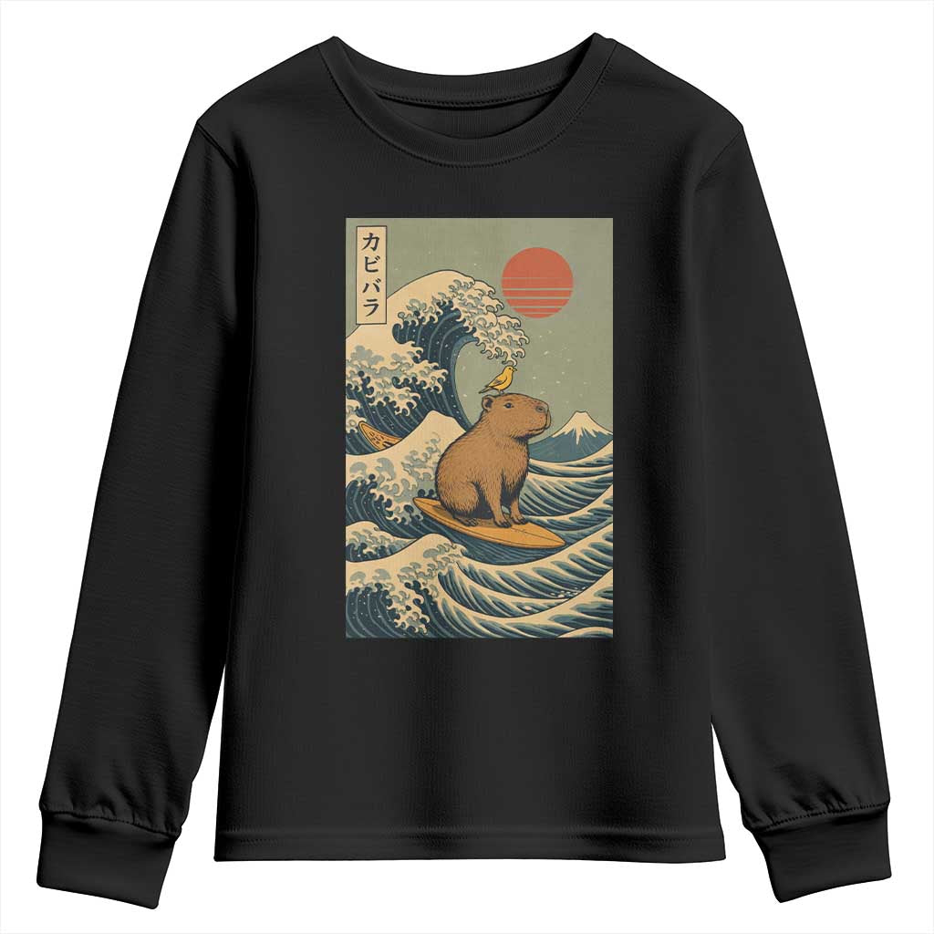 Capybara Surfing Japanese Youth Sweatshirt Vintage Great Wave Off Kanagawa Anime Kawaii - Wonder Print Shop