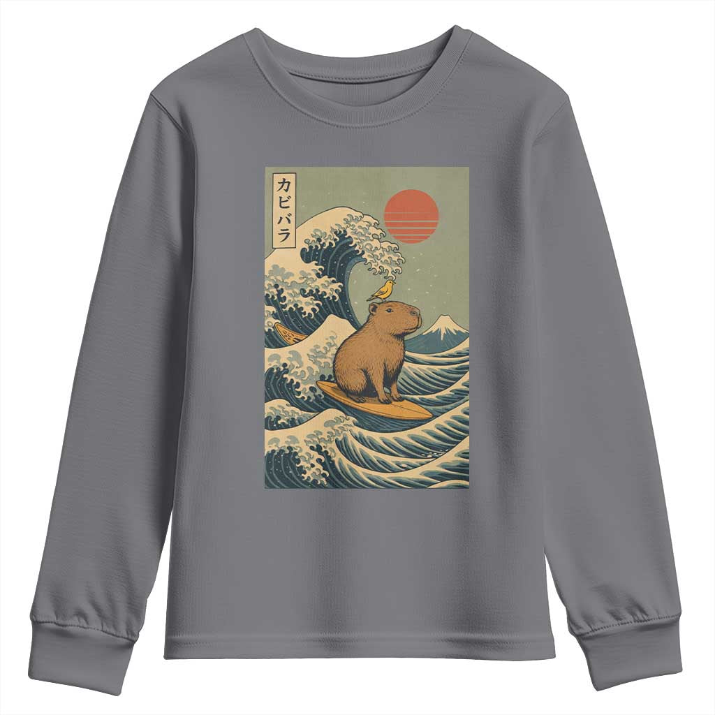 Capybara Surfing Japanese Youth Sweatshirt Vintage Great Wave Off Kanagawa Anime Kawaii - Wonder Print Shop