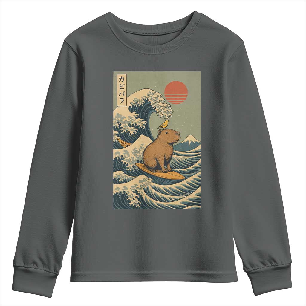 Capybara Surfing Japanese Youth Sweatshirt Vintage Great Wave Off Kanagawa Anime Kawaii - Wonder Print Shop