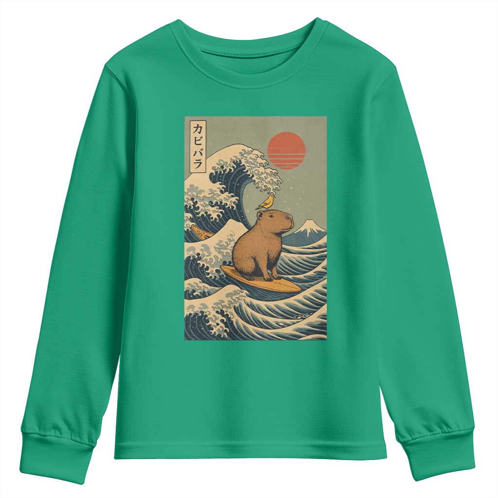 Capybara Surfing Japanese Youth Sweatshirt Vintage Great Wave Off Kanagawa Anime Kawaii - Wonder Print Shop