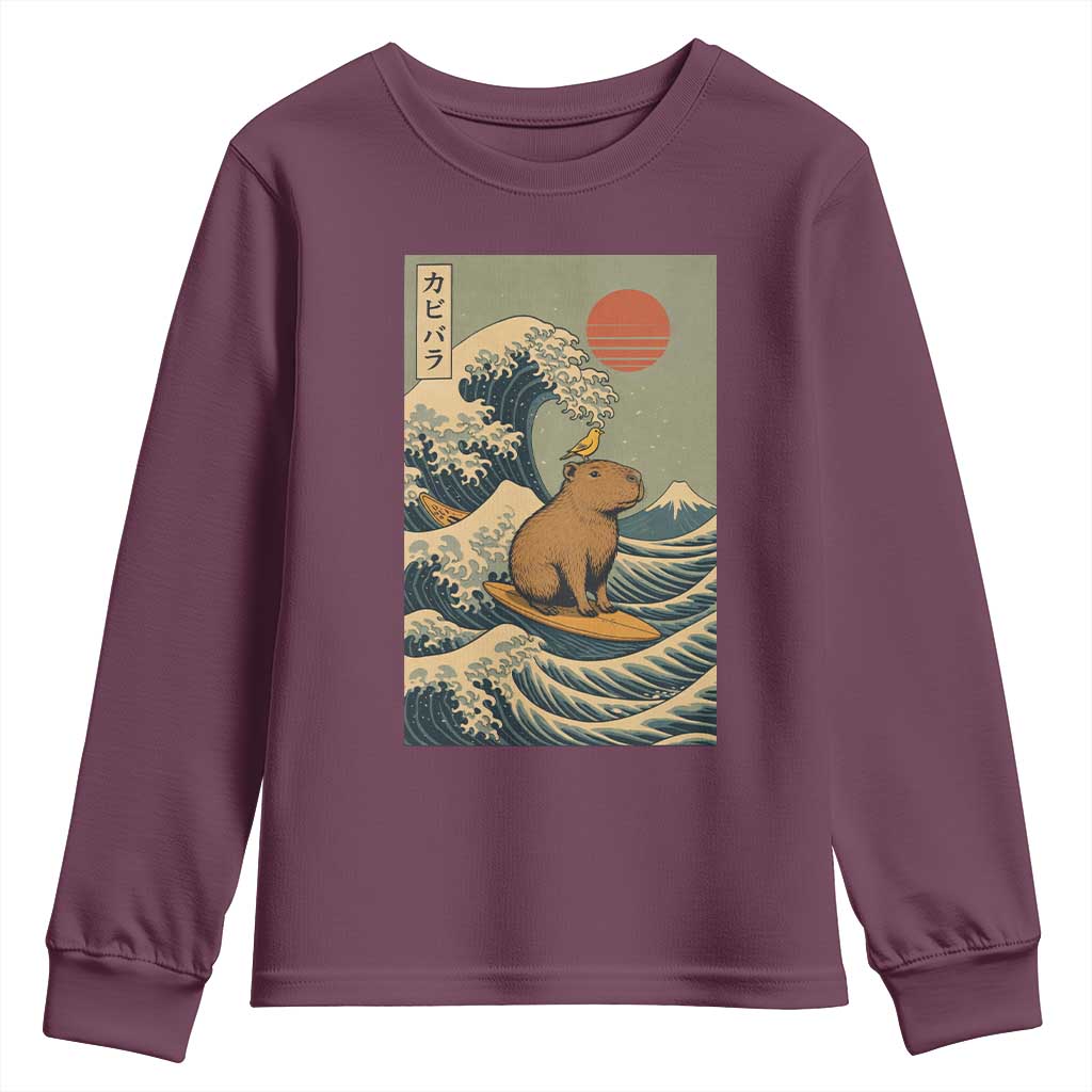 Capybara Surfing Japanese Youth Sweatshirt Vintage Great Wave Off Kanagawa Anime Kawaii - Wonder Print Shop
