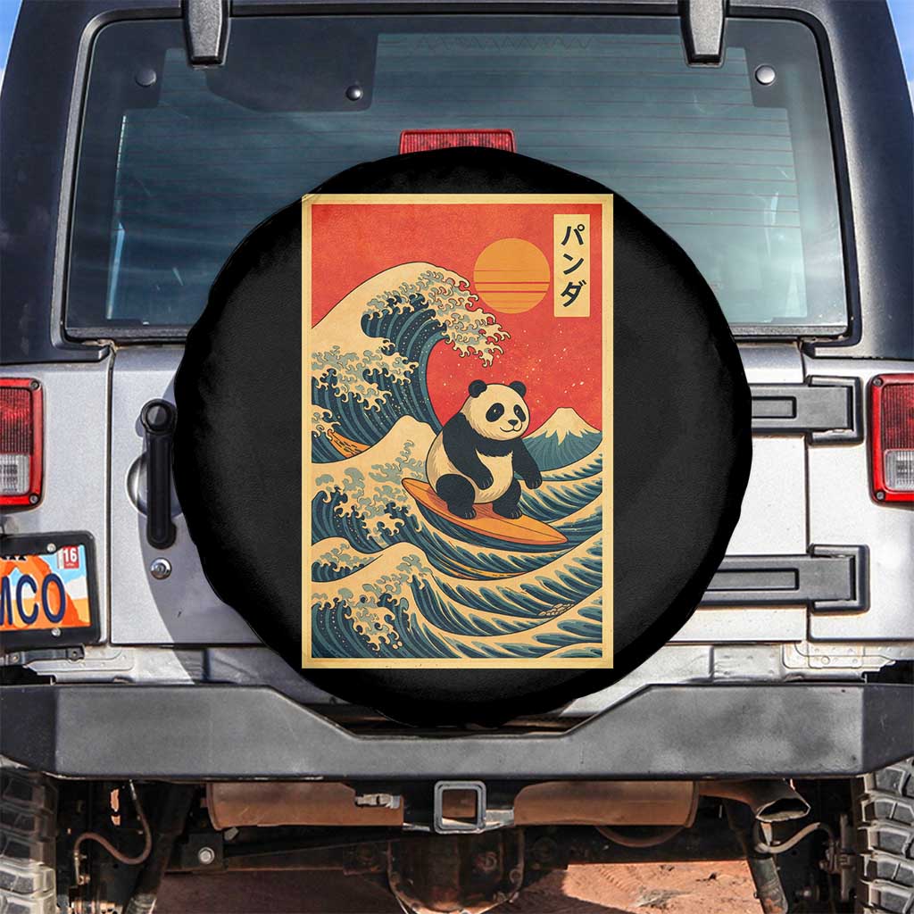Panda Surfing Japanese Spare Tire Cover Vintage Great Wave Off Kanagawa Anime Kawaii - Wonder Print Shop