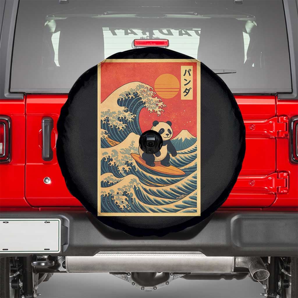 Panda Surfing Japanese Spare Tire Cover Vintage Great Wave Off Kanagawa Anime Kawaii - Wonder Print Shop