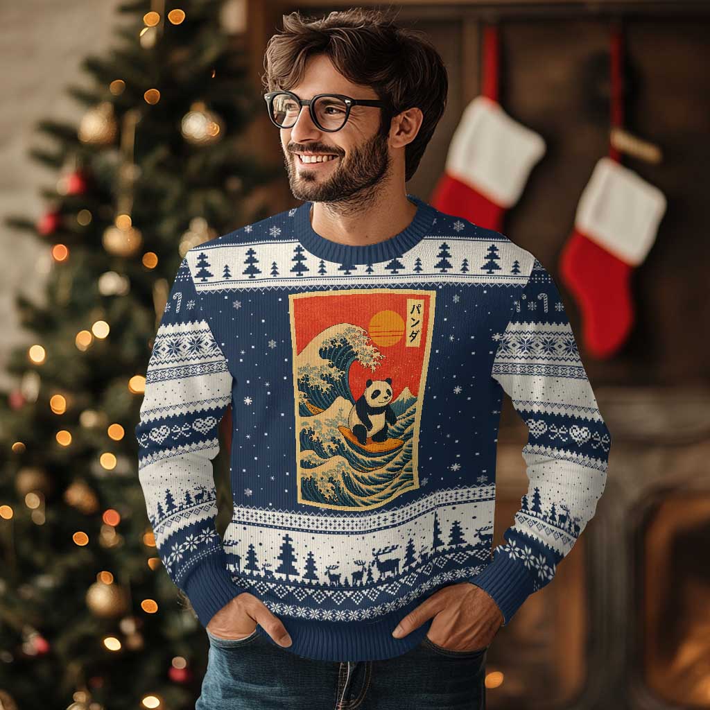 Panda Surfing Japanese Ugly Christmas Sweater Vintage Great Wave Off Kanagawa Anime Kawaii - Wonder Print Shop