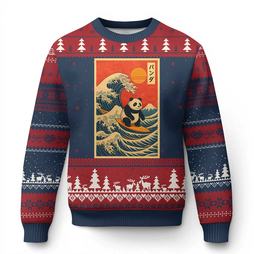 Panda Surfing Japanese Ugly Christmas Sweater Vintage Great Wave Off Kanagawa Anime Kawaii - Wonder Print Shop