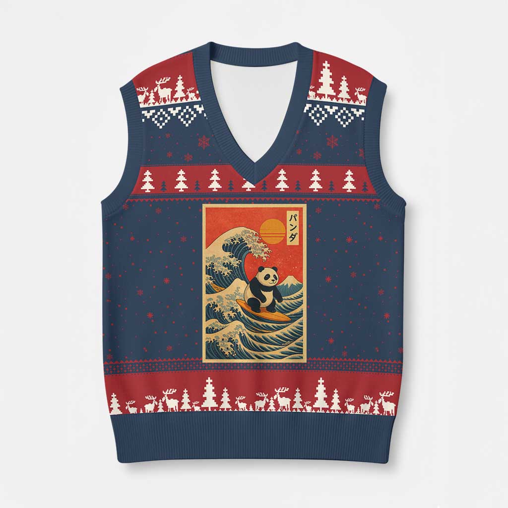 Panda Surfing Japanese V-Neck Knit Sweater Vest Vintage Great Wave Off Kanagawa Anime Kawaii - Wonder Print Shop
