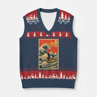 Panda Surfing Japanese V-Neck Knit Sweater Vest Vintage Great Wave Off Kanagawa Anime Kawaii - Wonder Print Shop