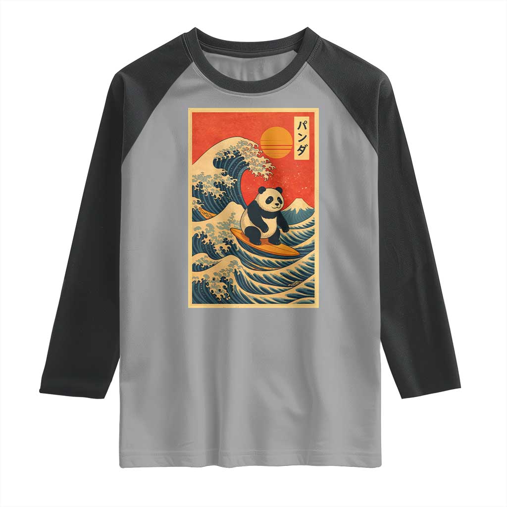 Panda Surfing Japanese Raglan Shirt Vintage Great Wave Off Kanagawa Anime Kawaii - Wonder Print Shop
