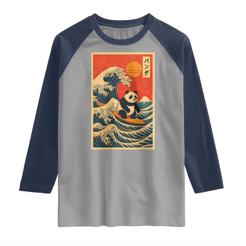 Panda Surfing Japanese Raglan Shirt Vintage Great Wave Off Kanagawa Anime Kawaii - Wonder Print Shop