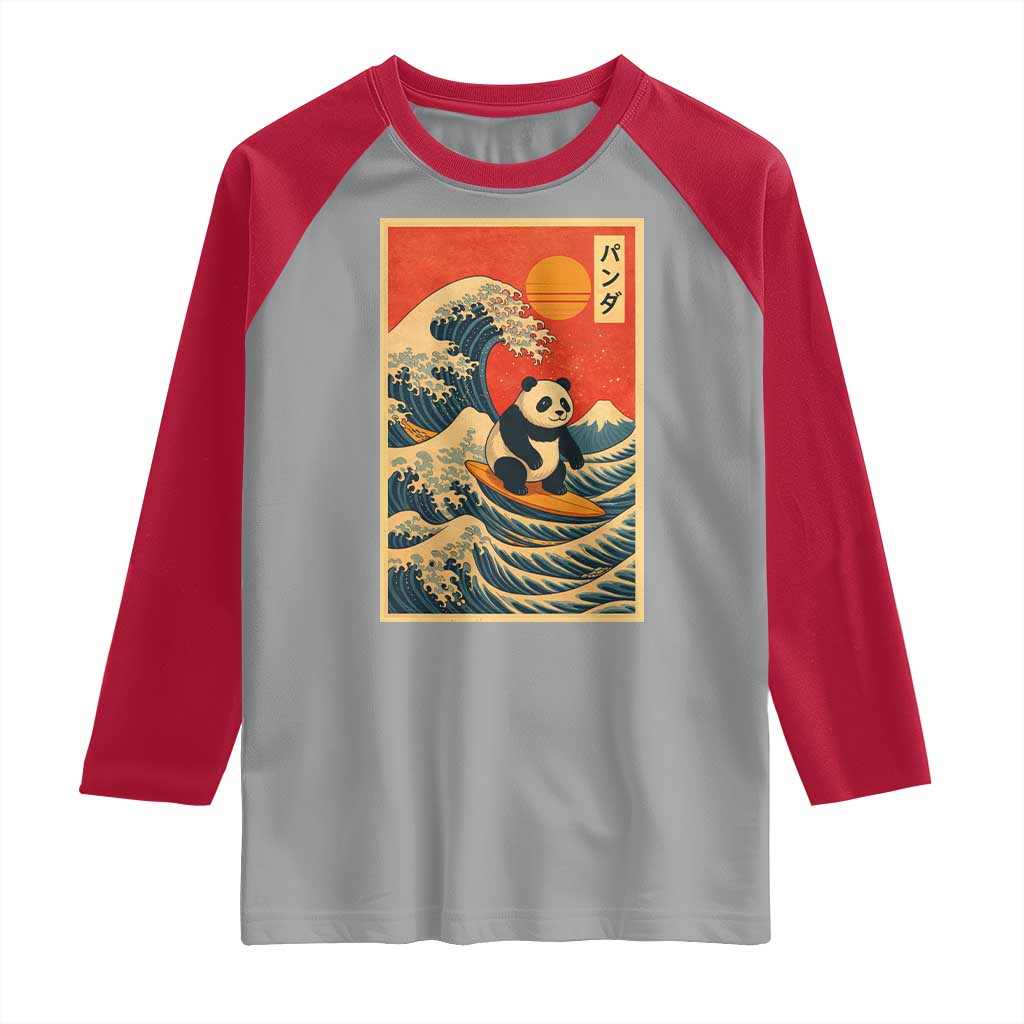 Panda Surfing Japanese Raglan Shirt Vintage Great Wave Off Kanagawa Anime Kawaii - Wonder Print Shop