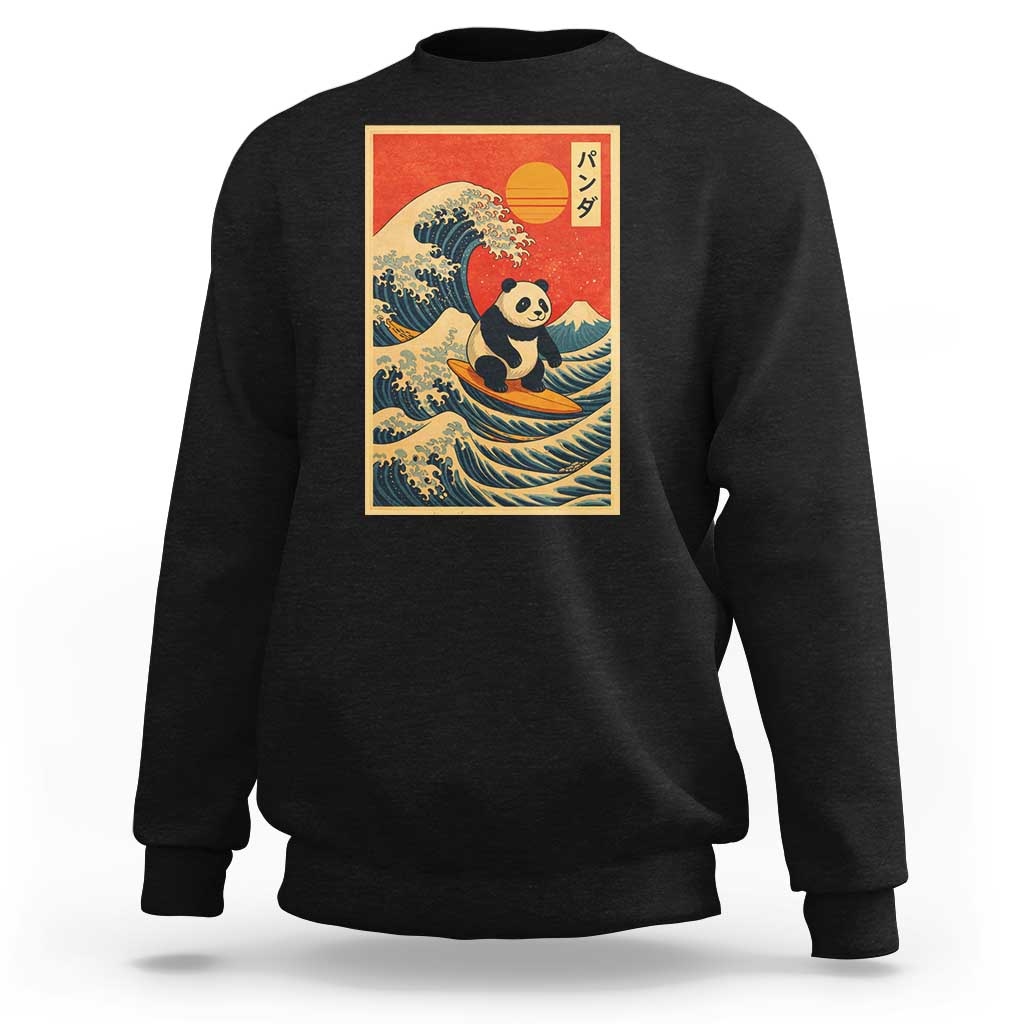 Panda Surfing Japanese Sweatshirt Vintage Great Wave Off Kanagawa Anime Kawaii - Wonder Print Shop