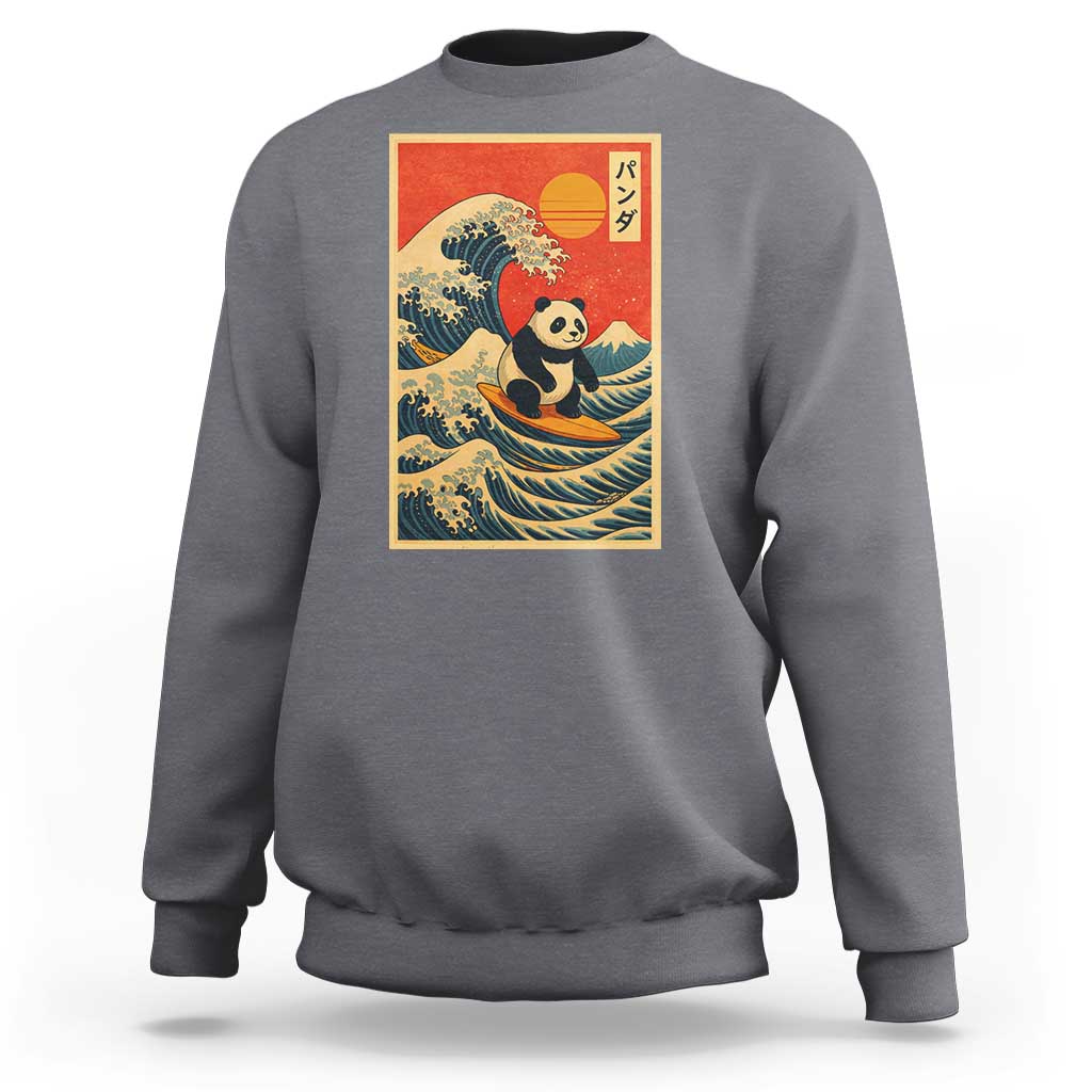 Panda Surfing Japanese Sweatshirt Vintage Great Wave Off Kanagawa Anime Kawaii - Wonder Print Shop