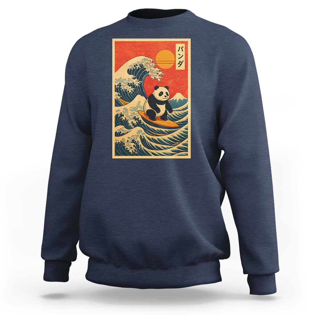 Panda Surfing Japanese Sweatshirt Vintage Great Wave Off Kanagawa Anime Kawaii - Wonder Print Shop