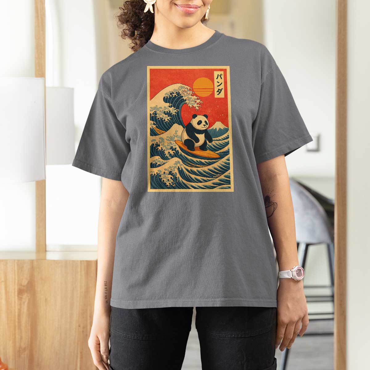 Panda Surfing Japanese T Shirt For Women Vintage Great Wave Off Kanagawa Anime Kawaii - Wonder Print Shop
