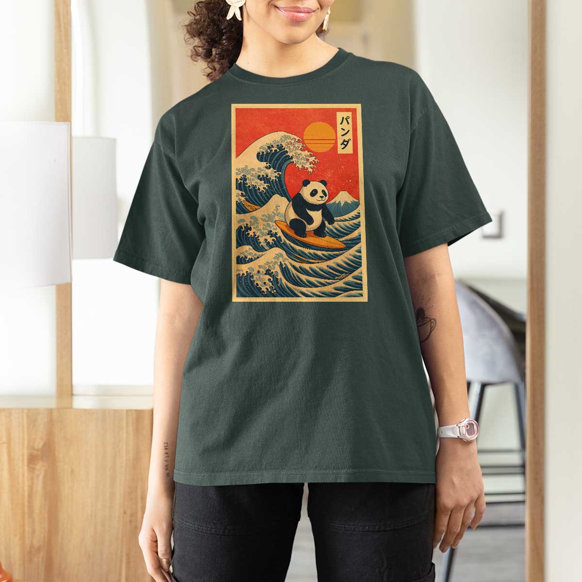 Panda Surfing Japanese T Shirt For Women Vintage Great Wave Off Kanagawa Anime Kawaii - Wonder Print Shop