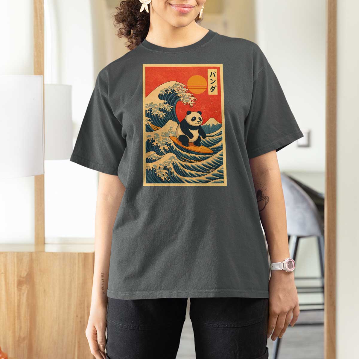 Panda Surfing Japanese T Shirt For Women Vintage Great Wave Off Kanagawa Anime Kawaii - Wonder Print Shop