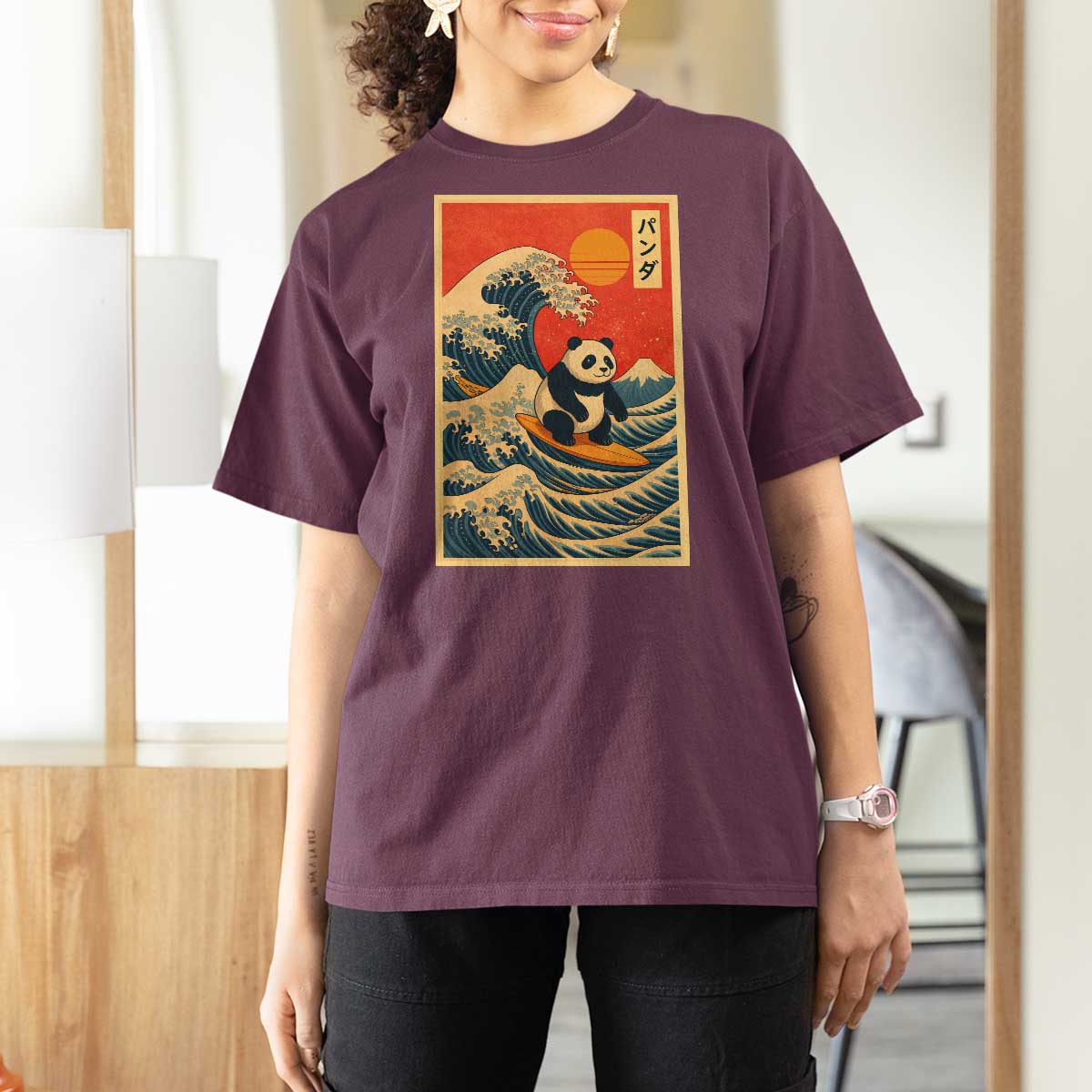 Panda Surfing Japanese T Shirt For Women Vintage Great Wave Off Kanagawa Anime Kawaii - Wonder Print Shop