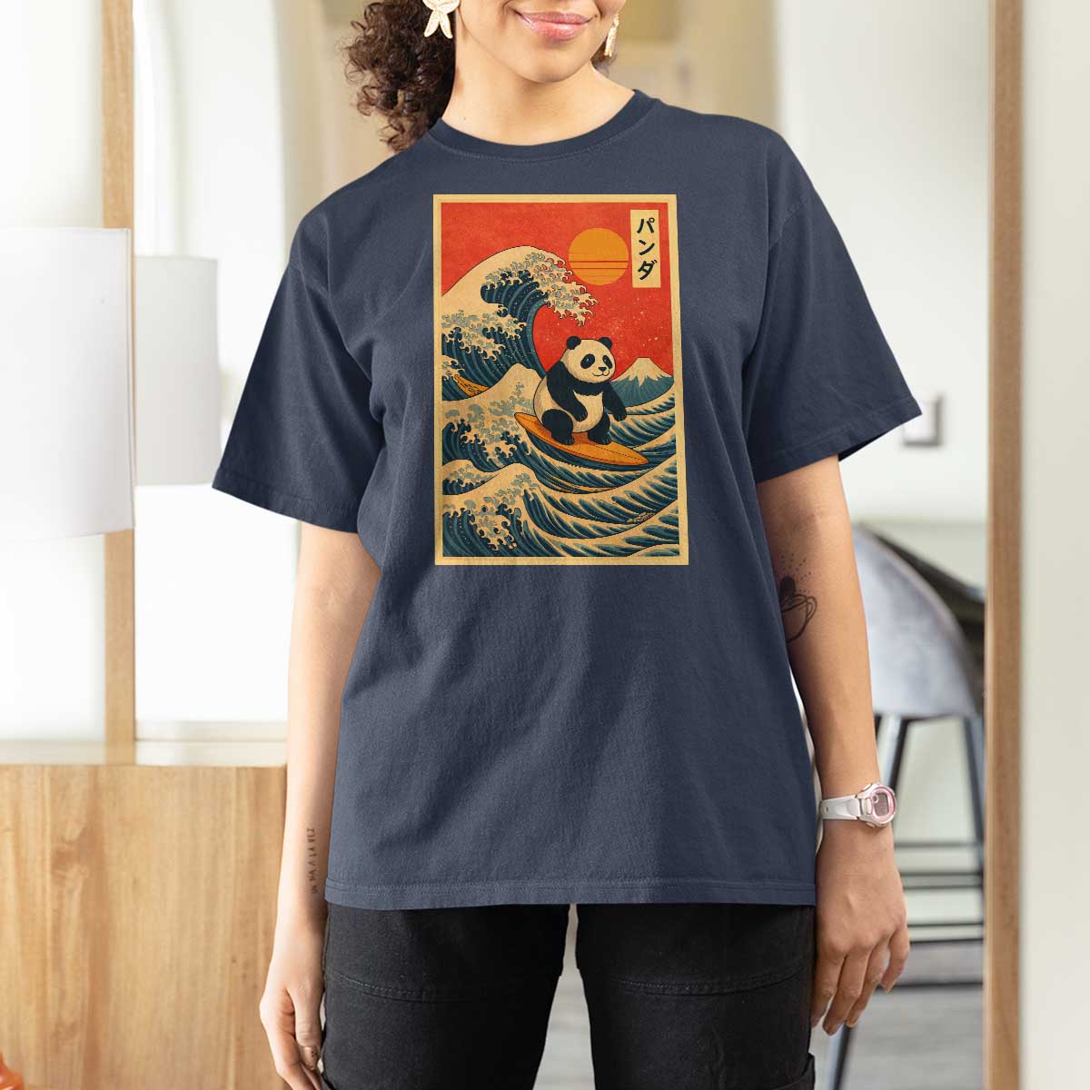Panda Surfing Japanese T Shirt For Women Vintage Great Wave Off Kanagawa Anime Kawaii - Wonder Print Shop