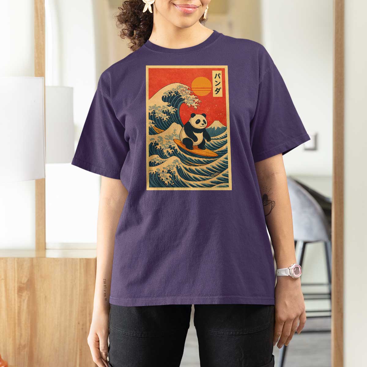 Panda Surfing Japanese T Shirt For Women Vintage Great Wave Off Kanagawa Anime Kawaii - Wonder Print Shop