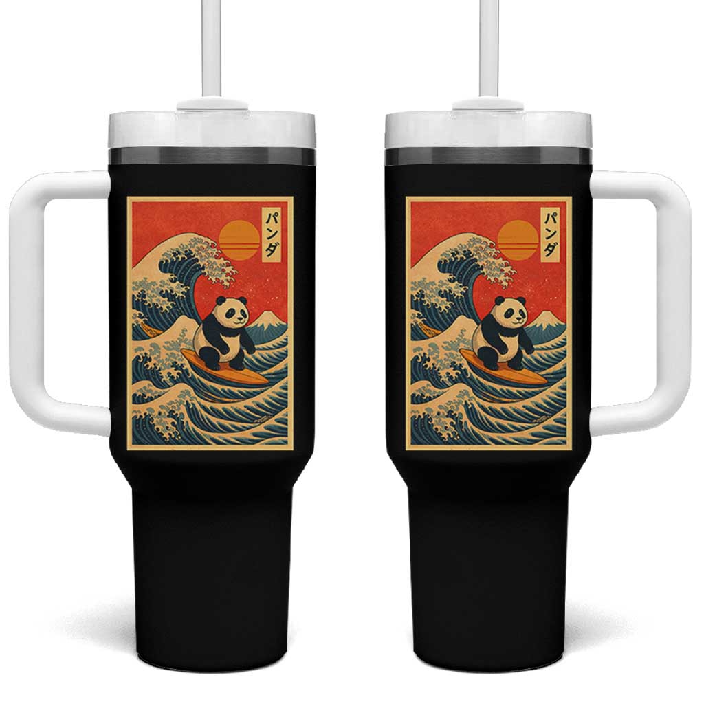 Panda Surfing Japanese Tumbler With Handle Vintage Great Wave Off Kanagawa Anime Kawaii - Wonder Print Shop