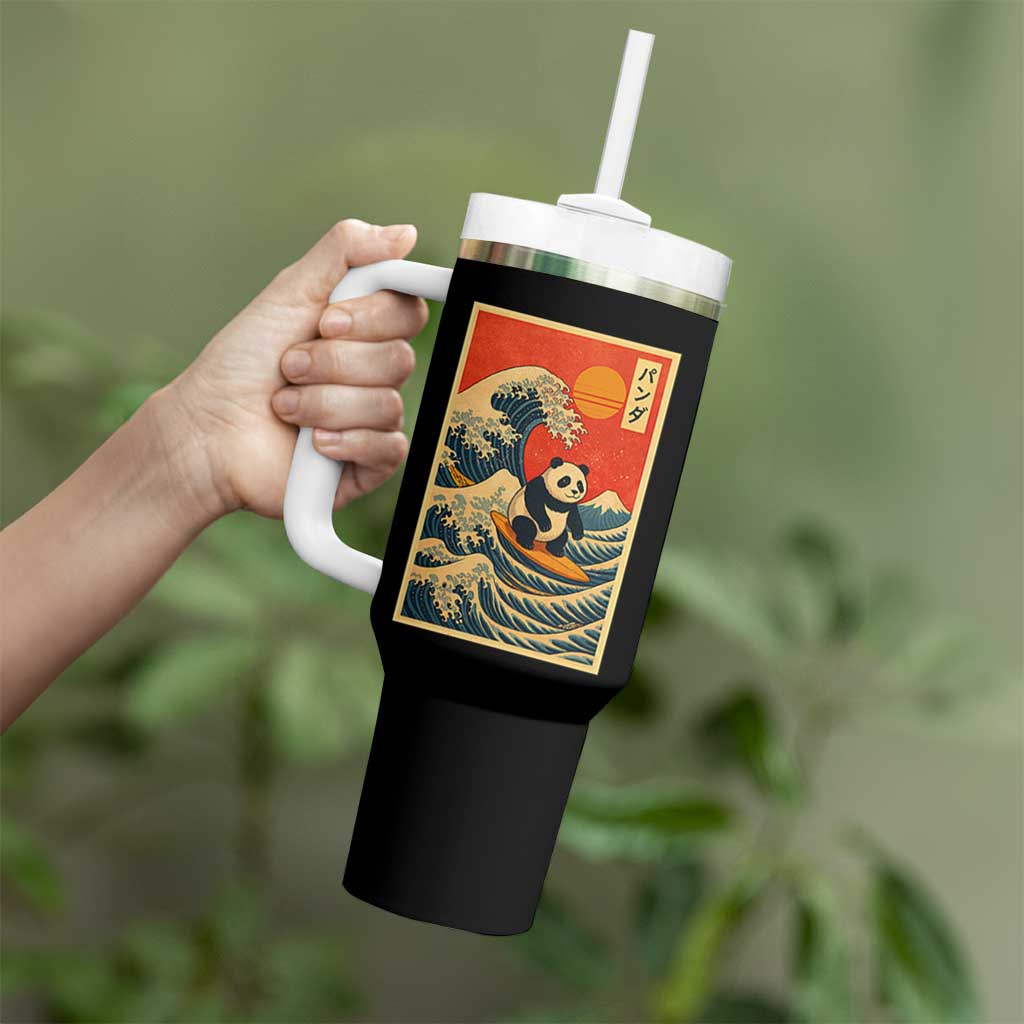Panda Surfing Japanese Tumbler With Handle Vintage Great Wave Off Kanagawa Anime Kawaii - Wonder Print Shop