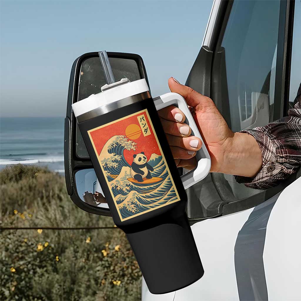 Panda Surfing Japanese Tumbler With Handle Vintage Great Wave Off Kanagawa Anime Kawaii - Wonder Print Shop