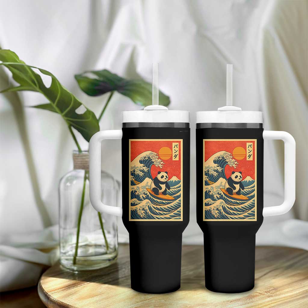 Panda Surfing Japanese Tumbler With Handle Vintage Great Wave Off Kanagawa Anime Kawaii - Wonder Print Shop