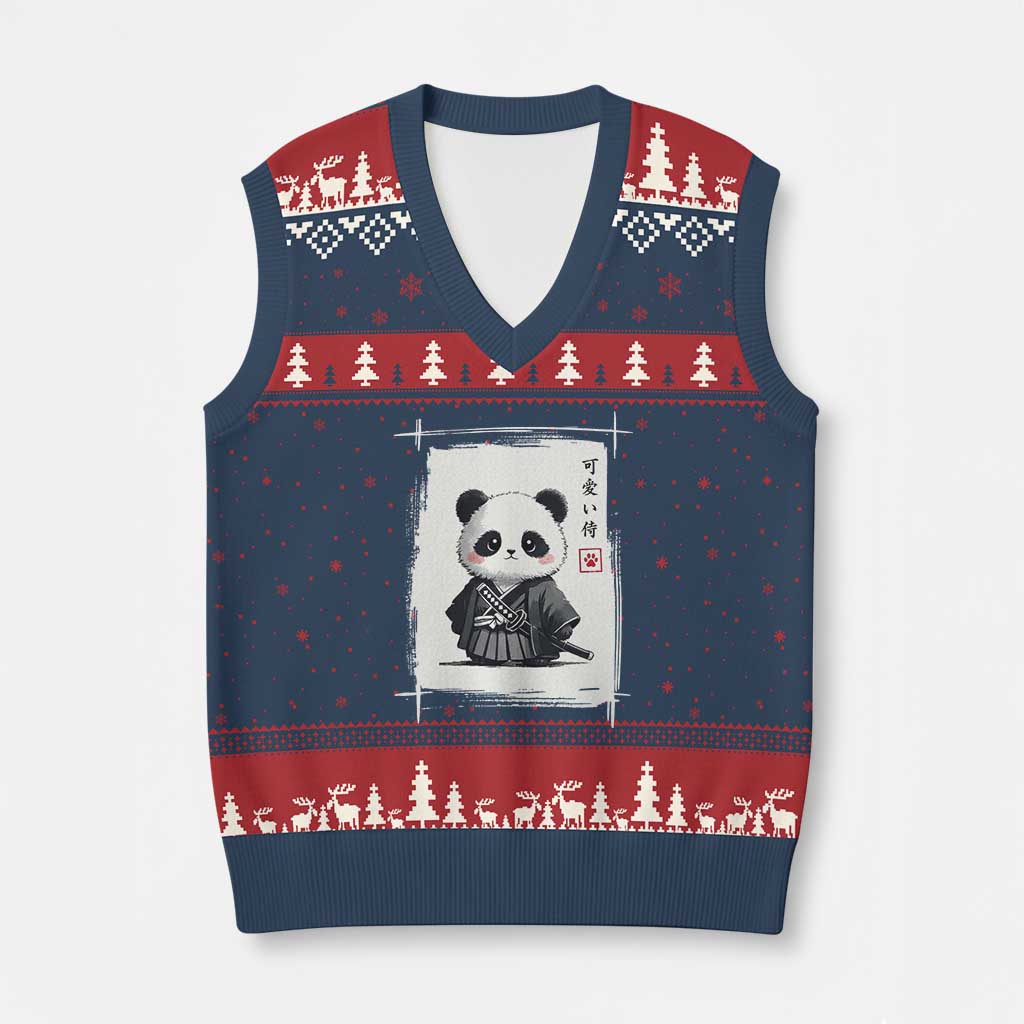 Kawaii Anime Samurai Panda V-Neck Knit Sweater Vest Vintage Sumi-e Japanese Art Funny Panda Lovers - Wonder Print Shop