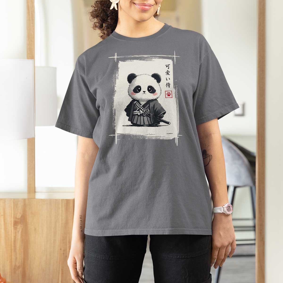 Kawaii Anime Samurai Panda T Shirt For Women Vintage Sumi-e Japanese Art Funny Panda Lovers - Wonder Print Shop