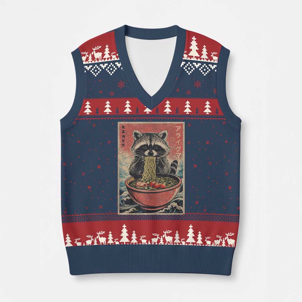 Kawaii Anime Raccoon Ramen V-Neck Knit Sweater Vest Funny Japanese Noodles Anime Lovers - Wonder Print Shop