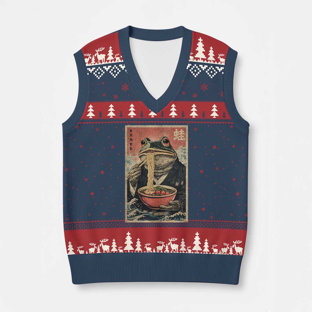 Frog Eat Ramen V-Neck Knit Sweater Vest Funny Japanese Noodles Anime Lovers Kawaii Anime - Wonder Print Shop