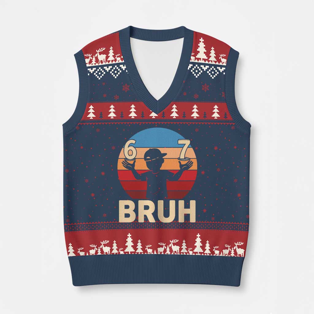 Bruh 67 Meme V-Neck Knit Sweater Vest Funny Six Seven Meme 6 7 Numbers Kid Gen Alpha - Wonder Print Shop