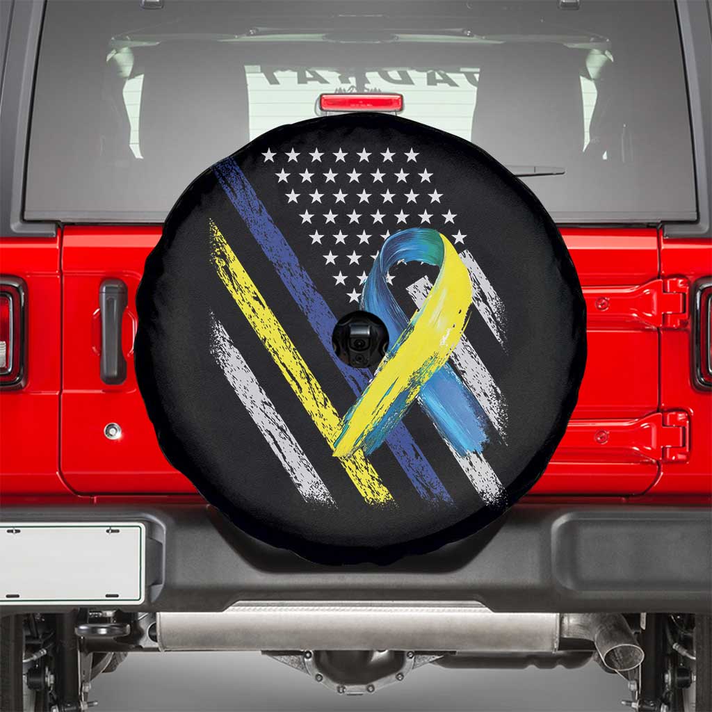 World Down Syndrome Day Spare Tire Cover Blue Yellow Ribbon American Flag T21 321