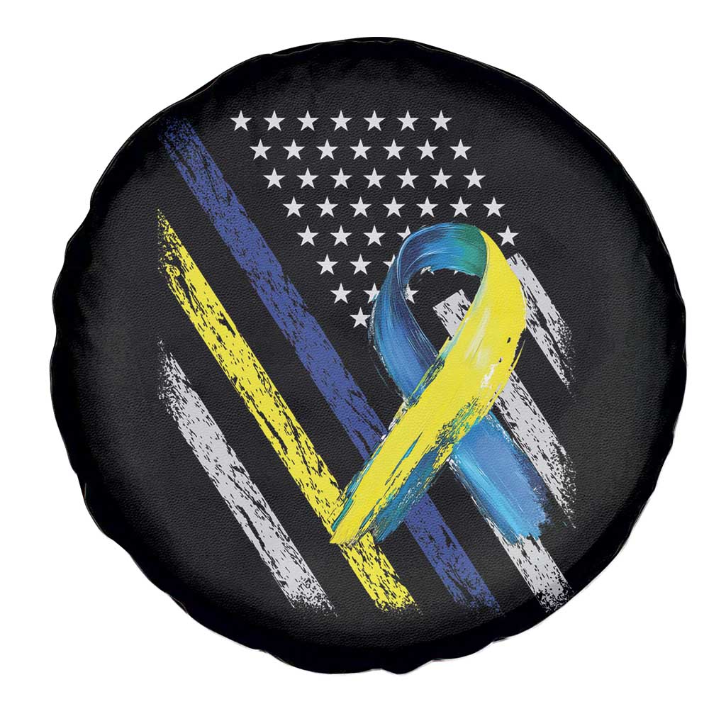 World Down Syndrome Day Spare Tire Cover Blue Yellow Ribbon American Flag T21 321