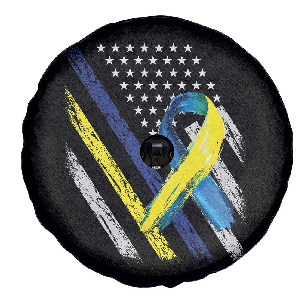 World Down Syndrome Day Spare Tire Cover Blue Yellow Ribbon American Flag T21 321