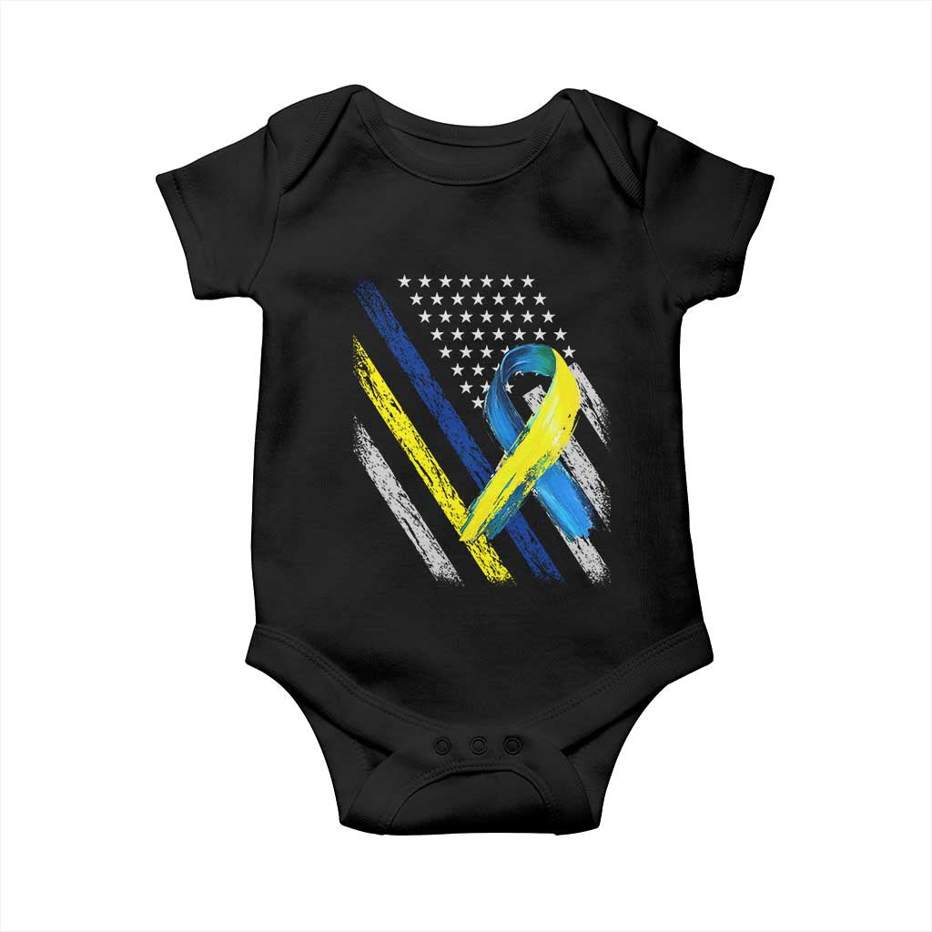 World Down Syndrome Day Baby Onesie Blue Yellow Ribbon American Flag T21 321