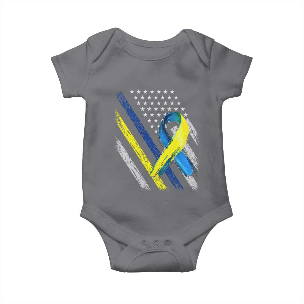 World Down Syndrome Day Baby Onesie Blue Yellow Ribbon American Flag T21 321