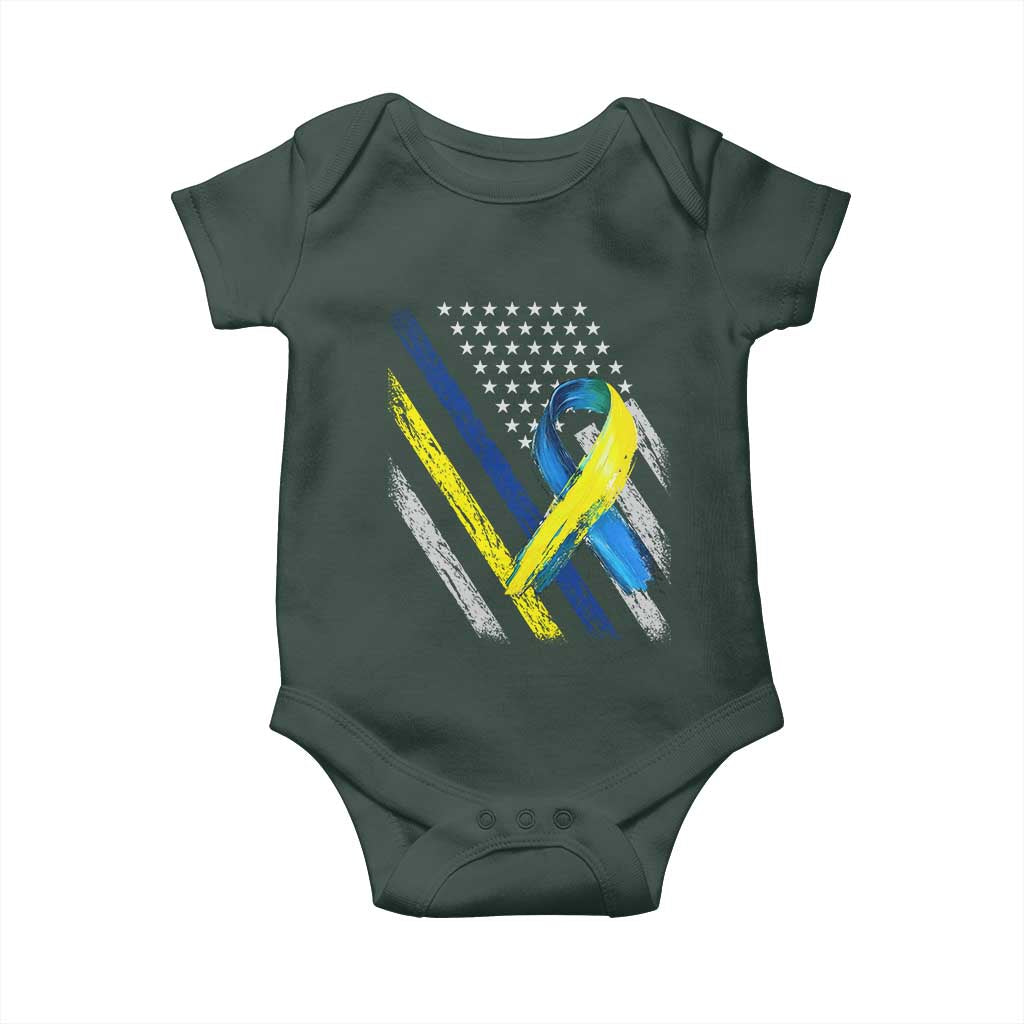 World Down Syndrome Day Baby Onesie Blue Yellow Ribbon American Flag T21 321